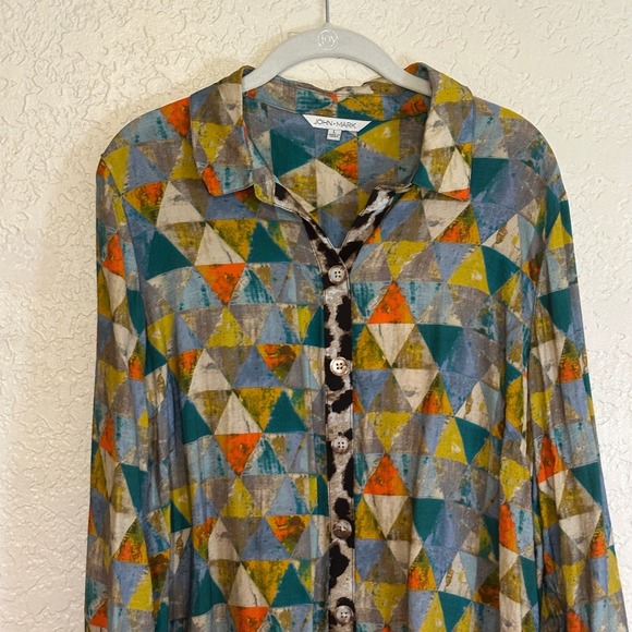 JOHN MARK Patchwork Geometric Floral Print Long Sleeve Shirt Dress Size L Birds - Picture 11 of 16